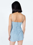 back view of model wearing Princess Polly Fay Mini Dress Blue Sweetheart Neckline 