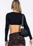 back view of model wearing Princess Polly Becola Long Sleeve Crop Top Black 