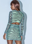 back view of model wearing Princess Polly Ayden Mini Dress Green Zebra 