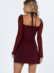 back view of model wearing Princess Polly Dyer Sheer Sleeve Mini Dress Burgundy Sweetheart Neckline 