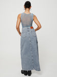 back view of model wearing Princess Polly McGuane Denim Midi Skirt Petite Maxi 