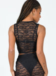 back view of model wearing Princess Polly Mayfair Lace Crop Black 