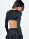 back view of model wearing Princess Polly Bonita Long Sleeve Crop Top Black 