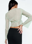 back view of model wearing Princess Polly Kenney Long Sleeve Top Green Full Sleeves Sweetheart 