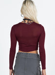 back view of model wearing Princess Polly Sydelle Long Sleeve Top Maroon Full Sleeves Crew Neck 