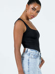 side view of model wearing Princess Polly Zoe Bodysuit Black Sleeveless Scoop Neck 