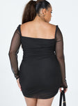 back view of model wearing Princess Polly Charvi Long Sleeve Mini Dress Black Curve 