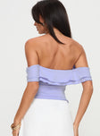 back view of model wearing Princess Polly Flutter & Frills Top Lilac Short Sleeves Sweetheart 