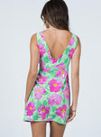 back view of model wearing Princess Polly Quincy Mini Dress Green / Pink Floral 