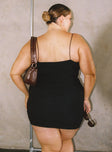 back view of model wearing Princess Polly I Want You Mini Dress Black Curve Sweetheart Neckline 