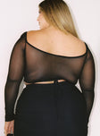 back view of model wearing Princess Polly Beverly Long Sleeve Top Black Curve Full Sleeves Square Neck 