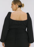 back view of model wearing Princess Polly Laura Bodysuit Black Curve Full Sleeves Square Neck 