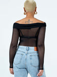 back view of model wearing Princess Polly Marek Off Shoulder Bodysuit Black Full Sleeves straight 