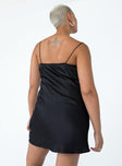 back view of model wearing Princess Polly Snowbird Mini Dress Black Sweetheart Neckline 