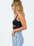 side view of model wearing Princess Polly Halse Bodysuit Black Sleeveless Square Neck 