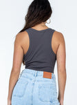 back view of model wearing Princess Polly Camellia Bodysuit Slate Grey Sleeveless Scoop Neck 