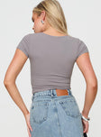 back view of model wearing Princess Polly Serenie Top Grey Short Sleeves V-Neck 