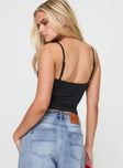 back view of model wearing Princess Polly Evanda Top Black Sleeveless Sweetheart 