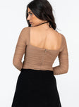 back view of model wearing Princess Polly Delany Bodysuit Beige Petite Full Sleeves Square Neck 