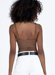 back view of model wearing Princess Polly Gazel Bodysuit Brown Sleeveless Plunger 