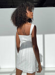 Front view of model wearing  front Princess Polly Square Neck  Allegro Mini Dress White