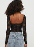 back view of model wearing Princess Polly Cadrot Long Sleeve Lace Bodysuit Black Full Sleeves 