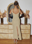 back view of model wearing Princess Polly Logue Maxi Dress Gold Scoop Neck 