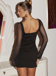 back view of model wearing Princess Polly Azar Long Sleeve Mini Dress Black Sweetheart Neckline 