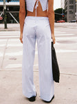 back view of model wearing Princess Polly Collied Low Rise Pants Blue / White Stripe High Waisted Pants 