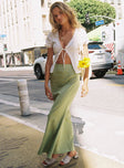   side view of model wearing Princess Polly Sophia Maxi Skirt Green Maxi 