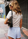 back view of model wearing Princess Polly Sincar Boxer Shorts Blue / White Stripe High Waisted Shorts 