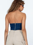 back view of model wearing Princess Polly Jessica Bustier Blue Denim Sleeveless Sweetheart 