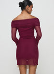 back view of model wearing Princess Polly Consideration Mini Dress Burgundy Straight Neck 