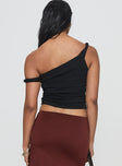 back view of model wearing Princess Polly Messenger One Shoulder Top Black Sleeveless Asymmetric Neckline 