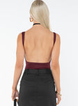 back view of model wearing Princess Polly Coomba Backless Bodysuit Burgundy Sleeveless Scoop Neck 