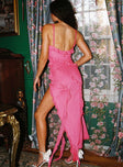 back view of model wearing Princess Polly Valerian Frill Maxi Dress Pink Square Neck 