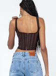 Front view of model wearing  front Princess Polly Sleeveless Square Neck  Normani Top Brown