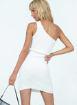 back view of model wearing Princess Polly Edner One Shoulder Mini Dress White Asymmetric Neckline 