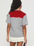 back view of model wearing Princess Polly Balap Top Grey Marle / Red Half Sleeves High Neck 