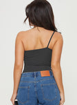 back view of model wearing Princess Polly Hutter Bodysuit Grey Petite Sleeveless Asymmetric Neckline 