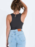 back view of model wearing Princess Polly Camellia Bodysuit Slate Grey Petite Sleeveless Scoop Neck 