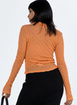 Orange long sleeve top Sheer mesh material  Wide v neckline  Tie front fastening  Good stretch  Unlined 