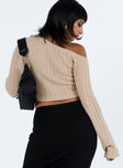 Beige long sleeve top Ribbed knit material  Off the shoulder design  Flared sleeves Good stretch 