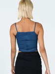 back view of model wearing Princess Polly Myles Top Denim Sleeveless Square Neck 