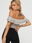 back view of model wearing Princess Polly Farino Off The Shoulder Top Grey Half Sleeves Sweetheart 