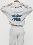 back view of model wearing Princess Polly Princess Polly Hooded Sweatshirt Bubble Text Grey Marle / Slate 