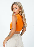 back view of model wearing Princess Polly The Ragged Priest Ignite Vest Orange / Yellow Sleeveless High Neck 