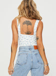 back view of model wearing Princess Polly Lupton Bodysuit White / Blue Floral Sleeveless 