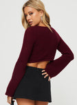 back view of model wearing Princess Polly Rosey Tie Up Long Sleeve Top Burgundy Full Sleeves V-Neck 