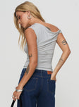 back view of model wearing Princess Polly Beller Top Marle Grey Short Sleeves Asymmetric Neckline 